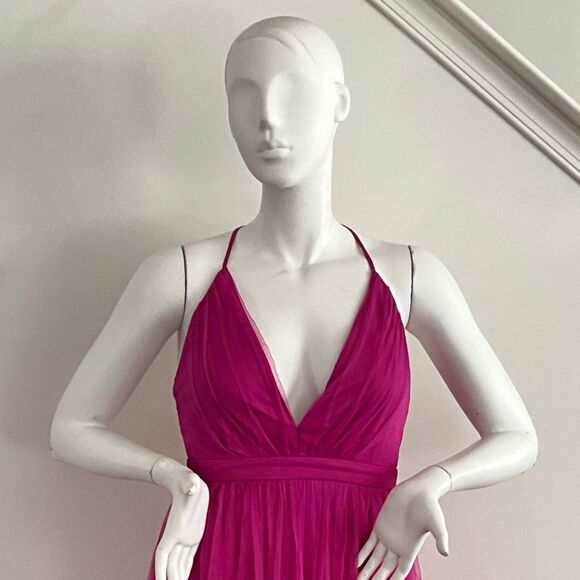 Maniju Magenta Formal Tulle Evening Gown Side Slit - Picture 5 of 12